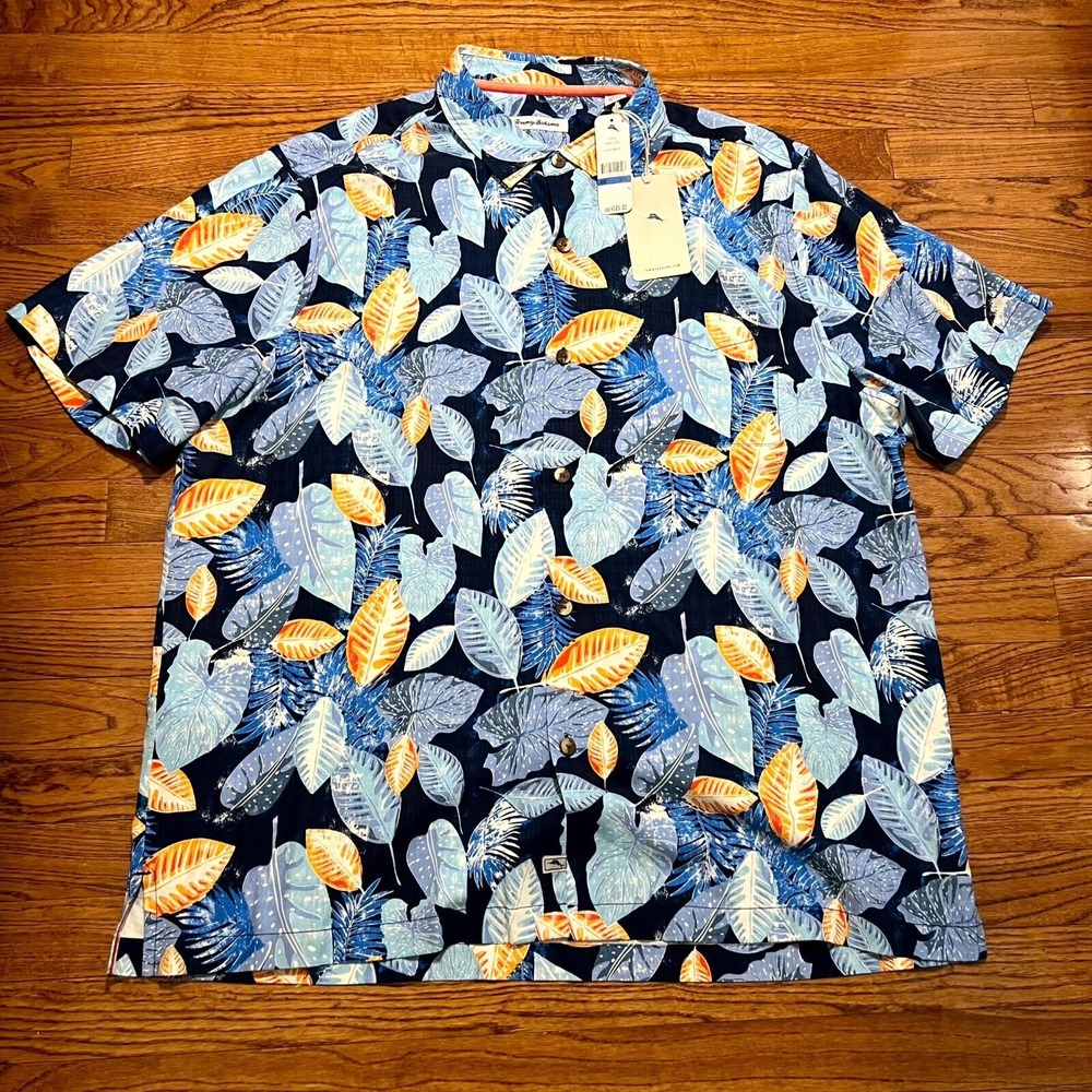 NEW Tommy Bahama Shirt Mens XL 100% Silk Palapa Leaves Ocean deep Hawaiian Trop
